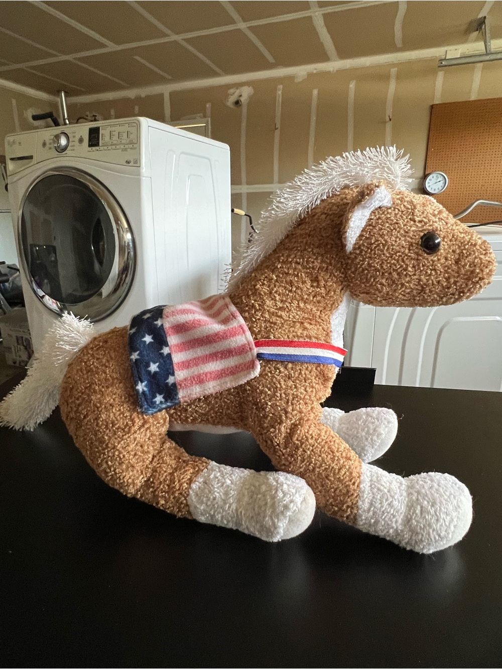 Patriotic Plush Brown Horse Decor with American Flag Saddle
